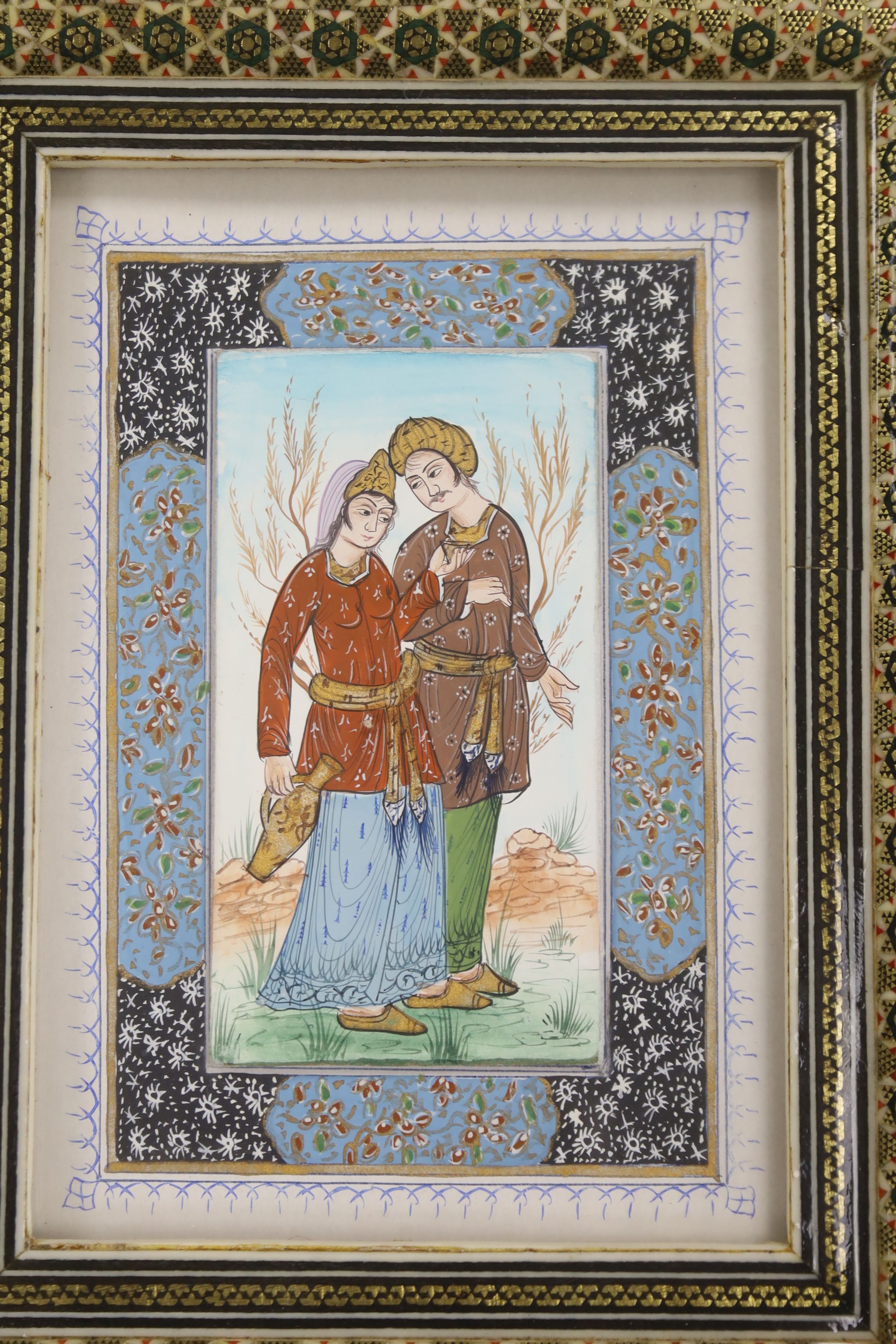 Eleven Persian hand-painted miniatures in decorative Khatam frames